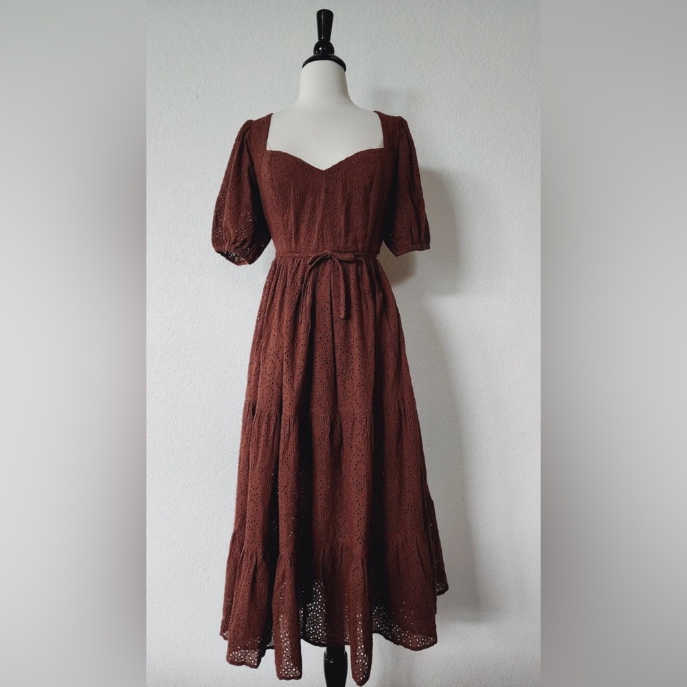 Brown Eyelet Midi Dress with Puff Sleeves